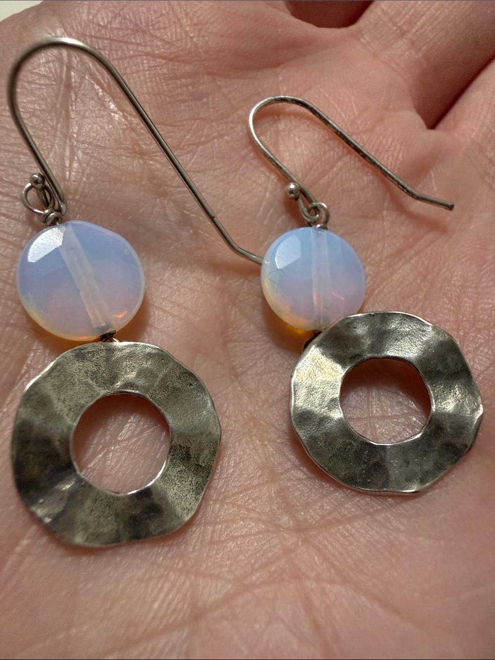 Sterling Silver 925 Opal Bead and Hammered Silver Drop Earrings - Picture 2 of 10